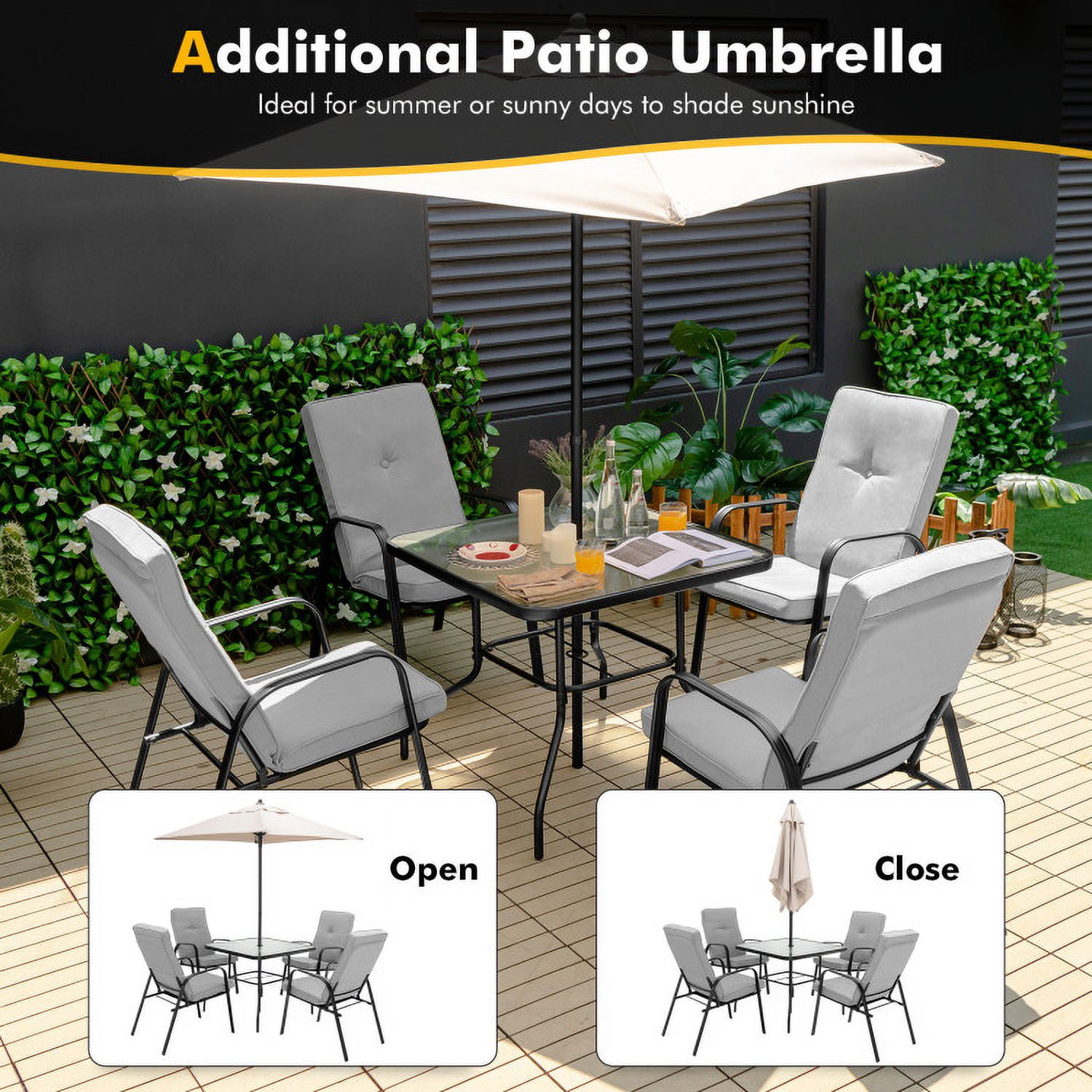 Aimee Lii 6 Pieces Patio Dining Set with Umbrella and Stackable Cushioned Chairs, Outdoor Patio Furniture Aimee Lii 6 Pieces Patio Dining Set with Umbrella and Stackable Cushioned Chairs, Outdoor Patio Furniture