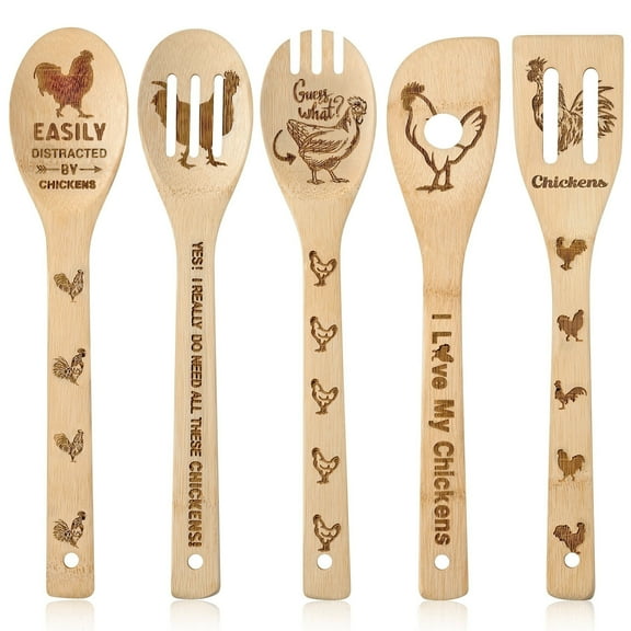 5-piece set of Zhu cooking tools - carved chicken design, non stick bamboo spoon and shovel, perfect kitchen decoration for new homes or Christmas gifts, farmhouse small tools, cooking spoon
