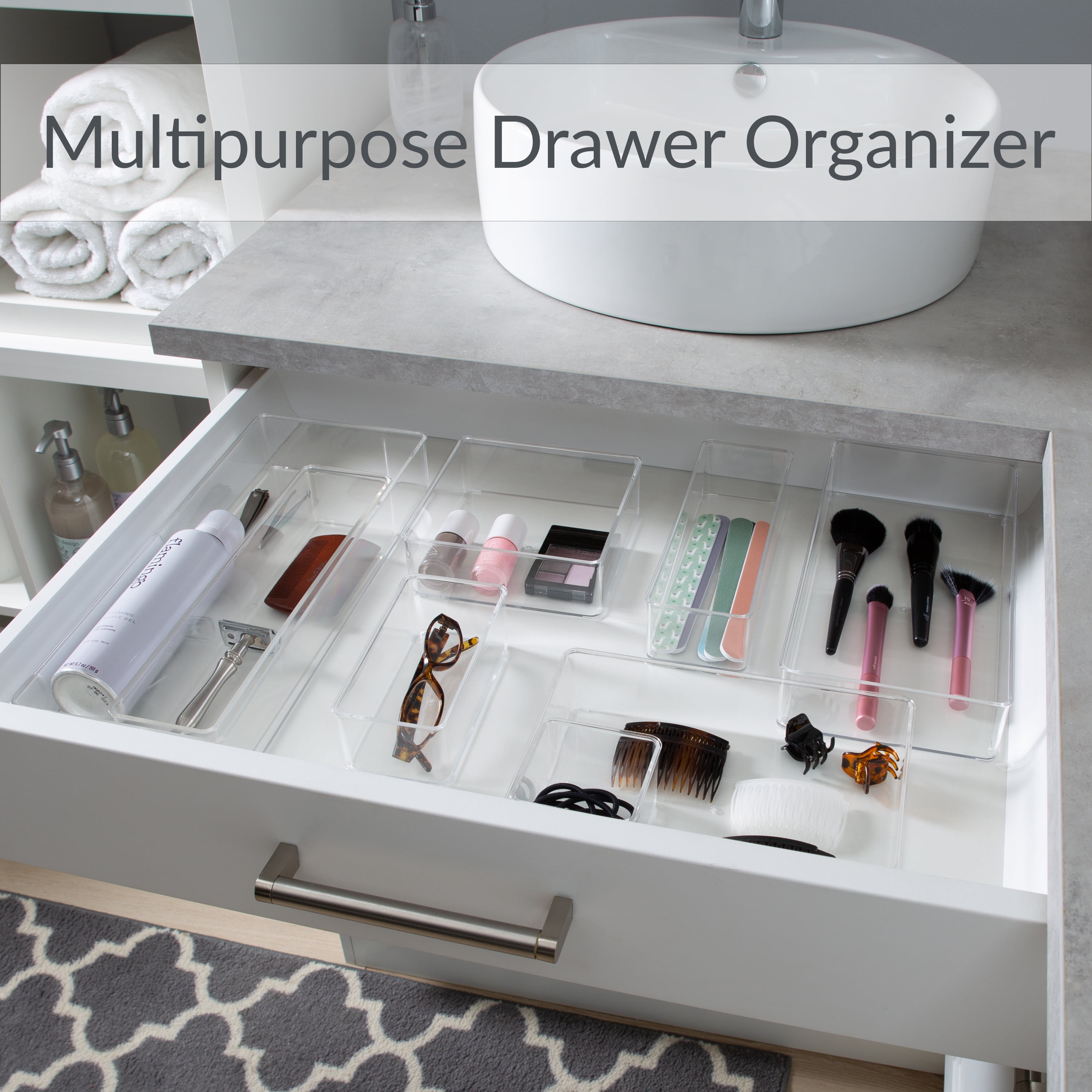 Simplify Small 9" Length x 6" Width Rectangular Drawer Organizer, Clear