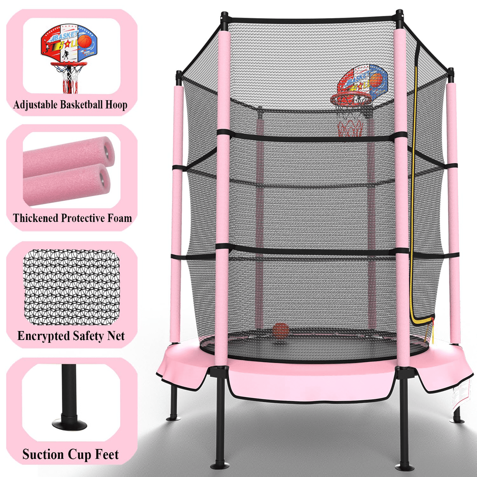 LANGXUN 60" Pink Trampoline for Kids with Basketball Hoop, 5ft Indoor Outdoor Toddler Mini Trampoline with Raised Safety Net - Birthday Gifts for Boys and Girls, Christmas Toys for 3-10 Years Old