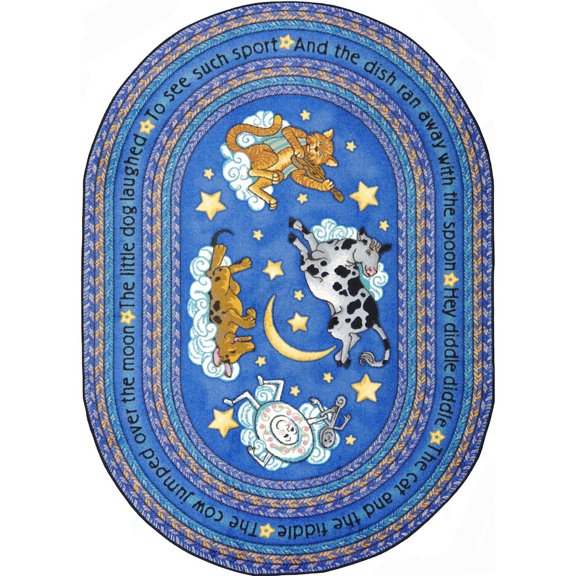Joy Carpets Kid Essentials Hey Diddle Diddle 3'10" x 5'4" Oval Area Rug in Color Blue