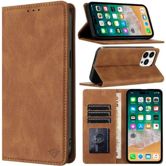 For Apple iPhone SE 3 (2022) SE/8/7 Premium Leather Zipper Wallet Credit Card Slots Money Pocket Clutch Pouch Stand & Strap Cover ,Xpm Phone Case [ Brown ]