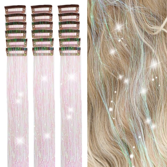 Hair Tinsel Kit Pack of 18 Pcs Hair Tinsel Clip in 19.6Inch Glitter Tinsel Hair Extensions Heat Resistant Clip in Hair Tinsel Sparkle Fairy Hair Accessories for Kids Girls Women (Pink)