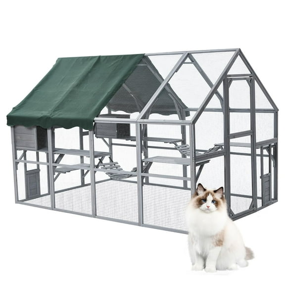 Extra Large Cat Enclosure,110 Inch Large Catio with Waterproof Roof, Pet Habitat for 57 FT² Space, Outdoor Pet House with 7 Platforms,2 Resting Box and 2 Bridges, for Kitty, Rabbit, Poultry Use
