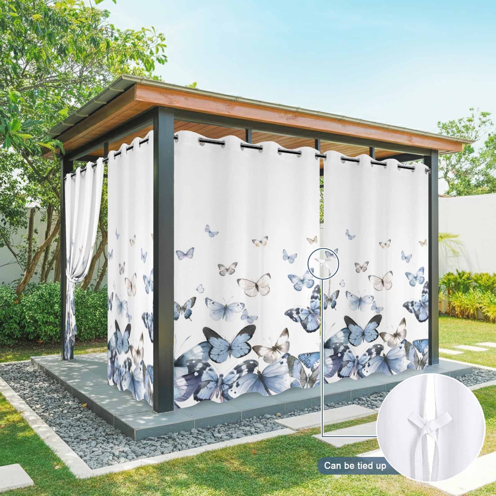 Outdoor Curtains for Patio Waterproof, Blue Butterflies Outdoor Privacy Panels Grommet, Elegant Pastoral Butterfly Blackout Outside Curtains for Porch/Cabana/Pergola/Gazebo 54"x95", 2 Panels