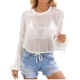 thumbnail image 2 of Qzwdhjm Crochet Swimsuit Coverup Top for Women Cropped Long Bell Sleeve Beach Tops Hollow Out Crewneck Bathing Suit Cover Up for Summer Beach, 2 of 9