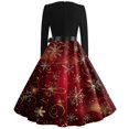 thumbnail image 3 of Women's Christmas Flare Dress Long Sleeve Round Neck Retro Party Casual Dress with Snowflake, Christmas Tree, Snowman Print, Hollow Out Design for Holiday, Merry Christmas,Wine,XL, 3 of 3