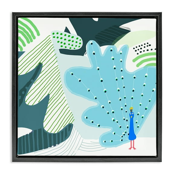 Stupell Industries Whimsical Patterned Peacock Animals Painting Black Floater Framed Canvas Art Print Wall Art, 18 x 18