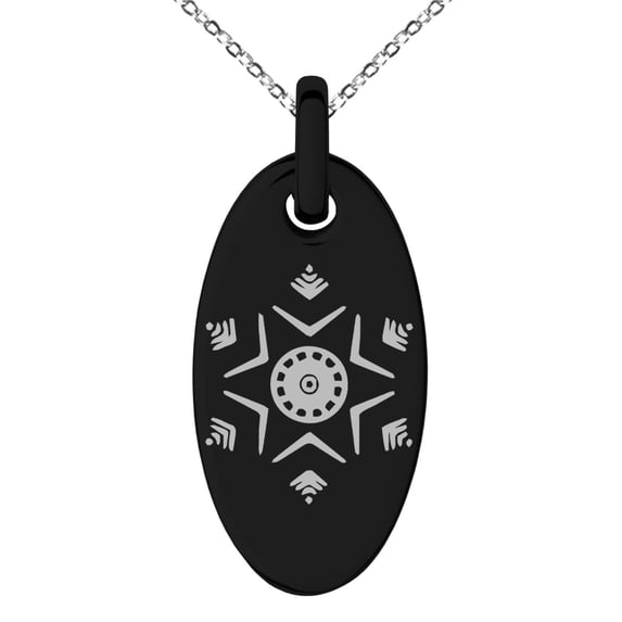 Black Stainless Steel Shining Star Snowflake Engraved Small Oval Charm Pendant Necklace