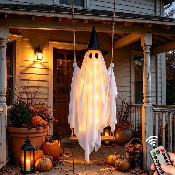 Halloween Decorations Outdoor - 5 FT Large Hanging Swing Ghost Halloween Decor with String Lights, Spooky Cute Ghosts Decorations for Front Porch Yard Tree
