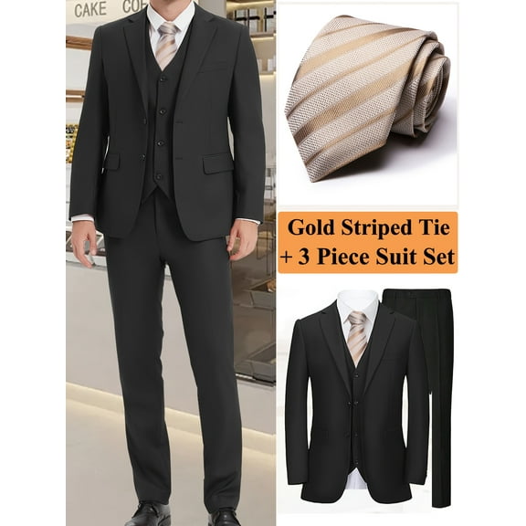 Men's Business Suit Set - Elegant Two Button Lapel Jacket, Vest, Pants & Golden Striped Tie, Solid Color Suits for Weddings and Formal Events Holiday Gifts