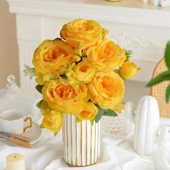 Votnto 5 Branches Philippos Rose Bouquet Simulated Silk Flower, Realistic Silk Flowers, Fake Roses Bouquet of Roses, for Wedding Bridal Home Decor, Beautiful Floral Centerpiece Bouquet Yellow