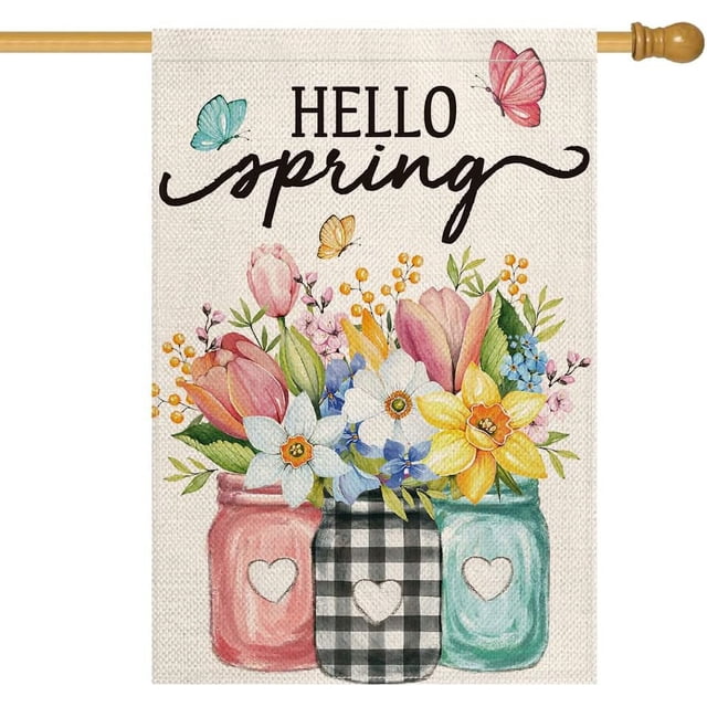 EcoNesxp Drapeau de Maison Hello Spring Bocal Floral Mason Drapeau de Jardin Extérieur 28x40 Pouces Double Face Extérieur