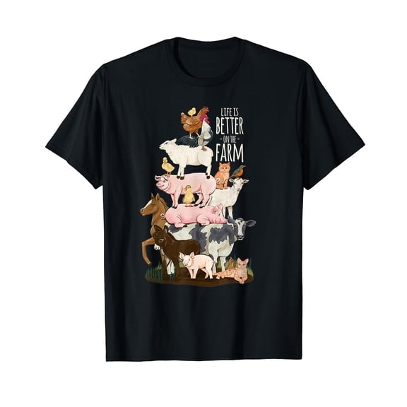 Retro Life Is Better On The Farm Graphic Tee - Cute Stacked Farm Animals Cow Pig Horse Sheep Chicken Unisex Adult T-Shirt - Country Rural Lifestyle Apparel