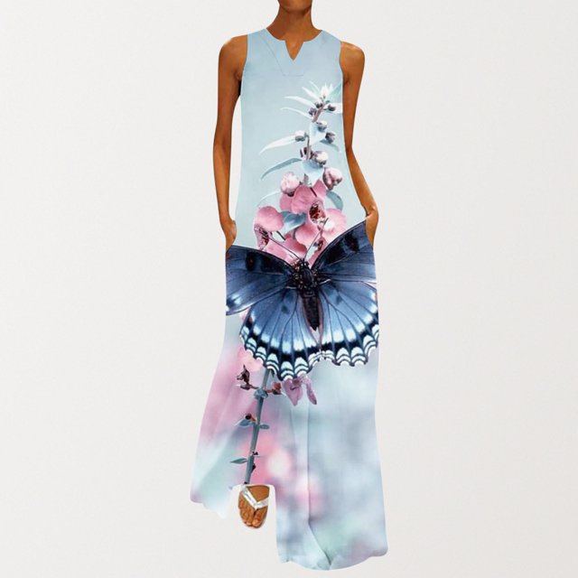 SMihono Robe Maxi Bohème d'Été pour Femmes Grande Taille Mode d'Été pour Femmes Imprimée à Col en V Sans Manches à Enfiler avec Poches Robe de Plage Évasée Robe Soleil