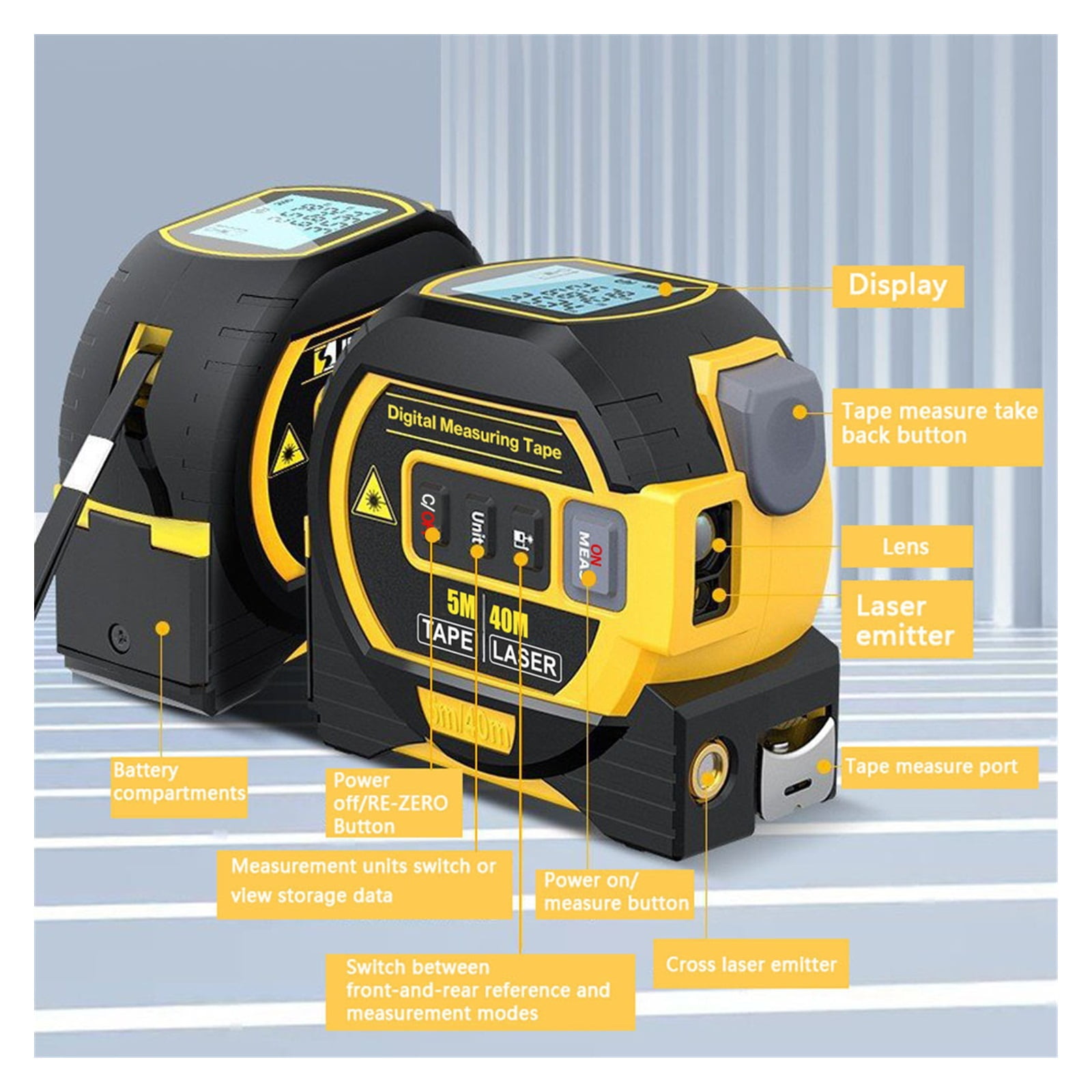 3 In 1 Rangefinder With 5m Tape Measure Ruler LCD Display with Backlight Distance Meter Building Measurement Device ,Easy to Use