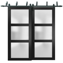 Sliding Closet Frosted Glass Barn Bypass Doors 48 x 80 inches | Lucia 2552 Matte Black | Sturdy Top Mount 6.6ft Rails Hardware Set | Wood Solid Bedroom Wardrobe Doors