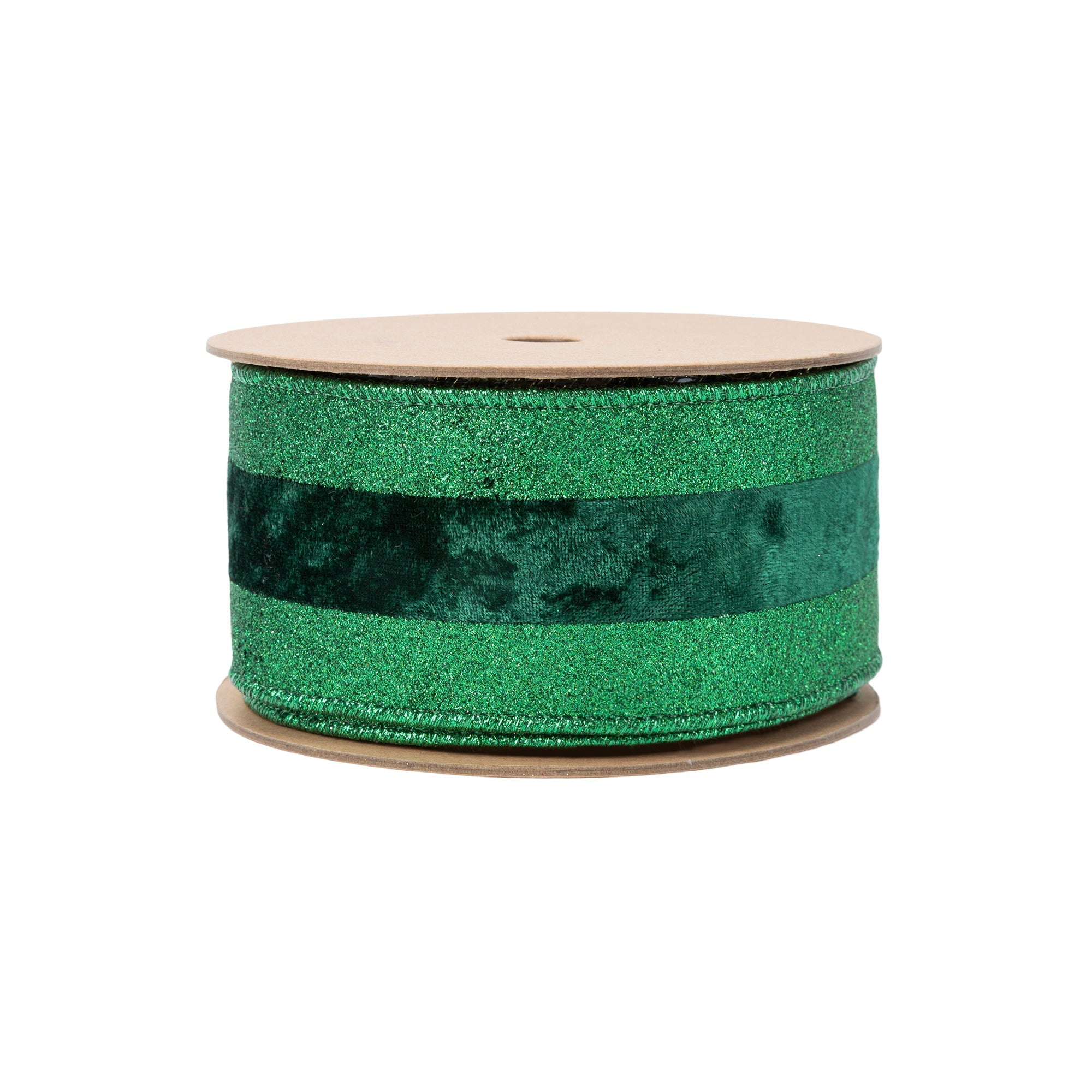 LaRibbons 2 1/2" Wired Ribbon, Green Glitter with Green Velvet Stripe, 10 Yard Roll
