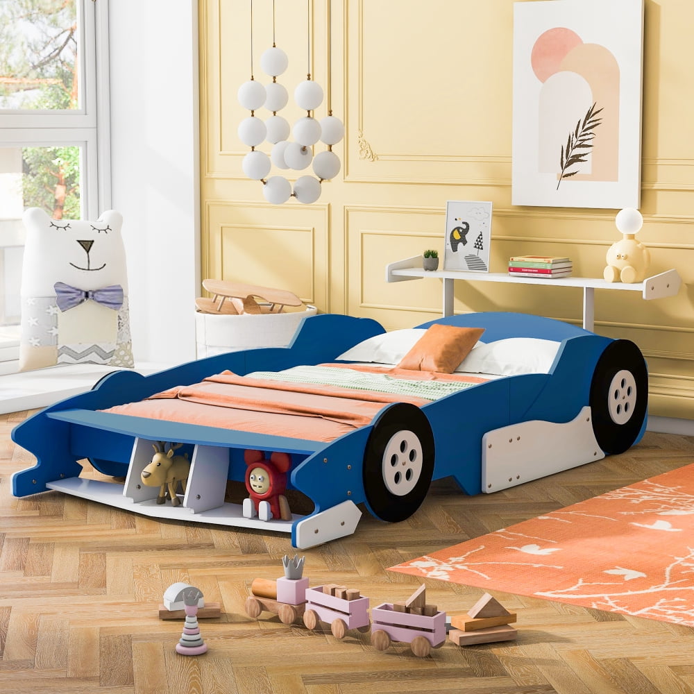 AUU Full Size Platform Bed with Race Car Shape and Decorative Wheels, No Box Spring Needed
