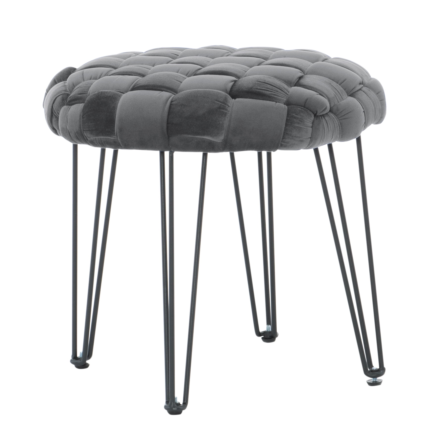 Powell Anya Round Handwoven Velvet Ottoman with Hairpin Legs, Gray