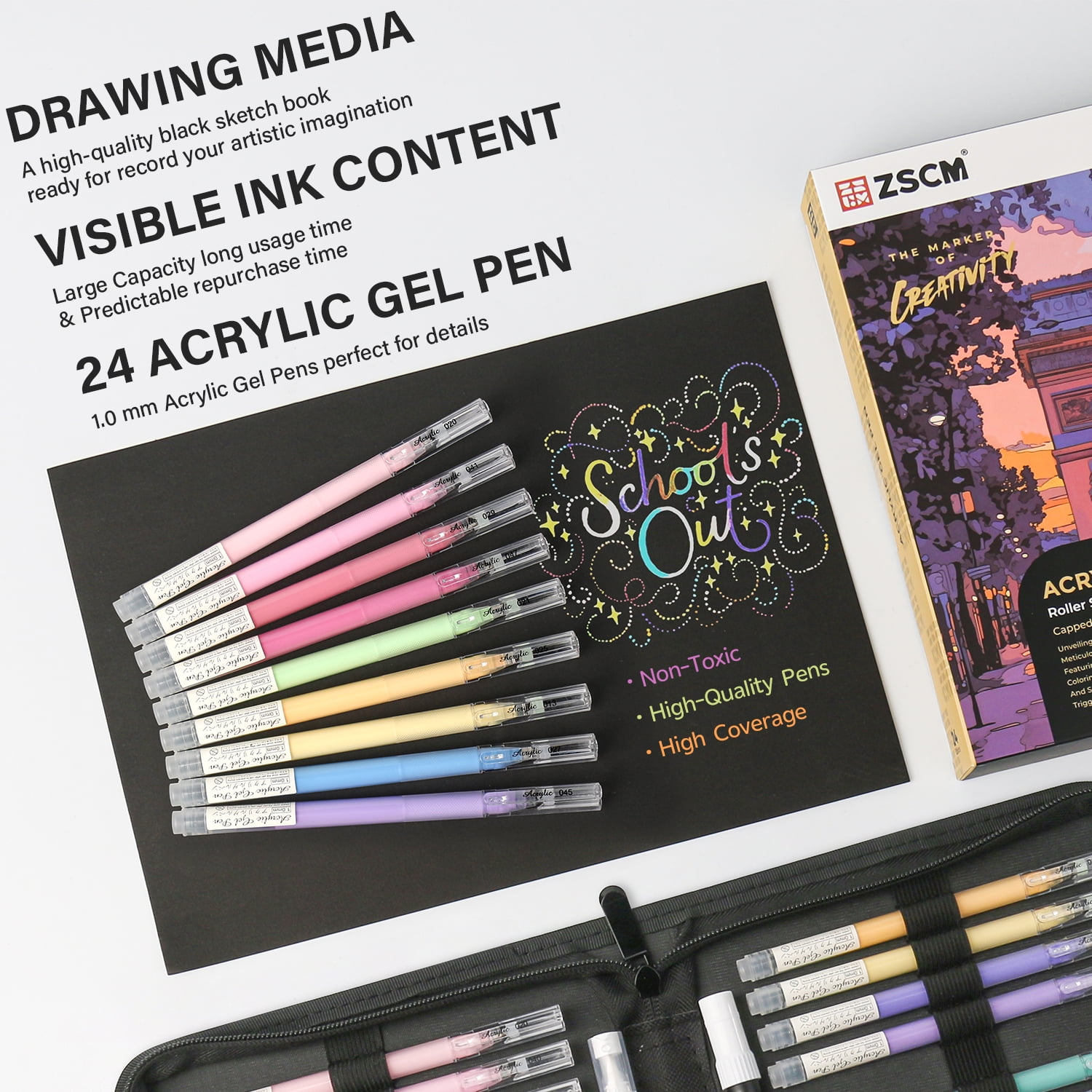ZSCM Black Paper Sketchbook & 24 Colors Acrylic Gel Pens for Drawing, 1mm Fine Point Dull Acrylic Ink Pen for Black Paper, Sketching, Illustration