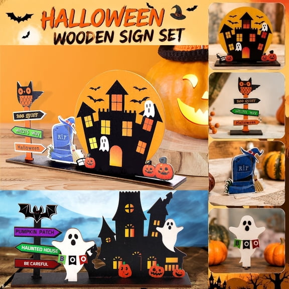 Halloween Decorations Indoor Wooden Black Cat Ghost Pumpkin Castle Table Centerpieces Standing Tiered Tray Wooden Sign Ornament