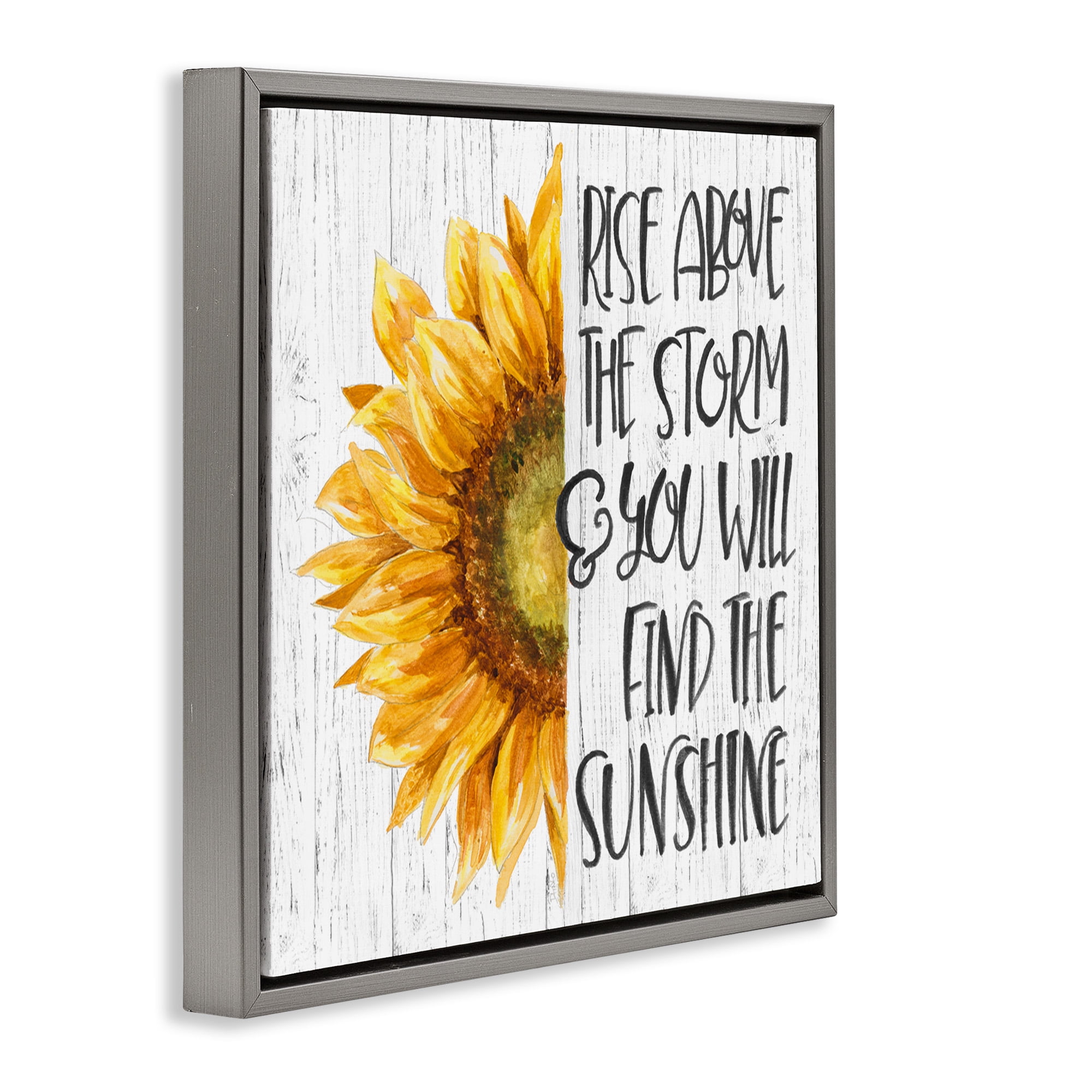 Stupell Industries Find Sunshine Motivational Sunflower Botanical & Floral Painting Gray Floater Framed Canvas Art Print Wall Art, 25 x 25