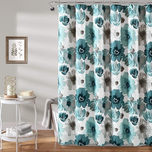 Leah Shower Curtain-Bathroom Flower Floral Large Blooms Fabric Print Design, 72" x 72", Blue