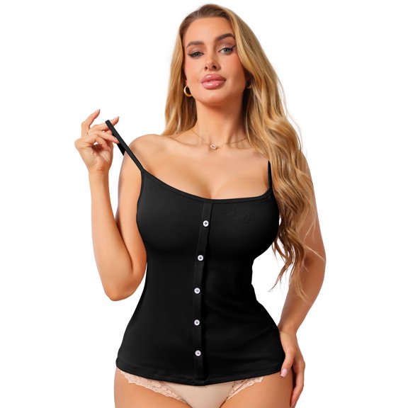 DARING DIVA Women's Button Down Sleeveless U-Neck Spaghetti Strap Camisoles Small Black