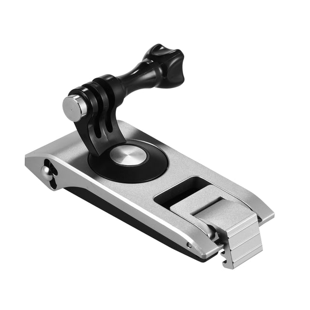 Soporte ajustable de aleación de aluminio para cámara deportiva, rotación 360°, 6 niveles de ajuste de grosor, color plateado.