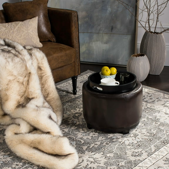 SAFAVIEH Chelsea Modern Glam Round Tray Storage Ottoman, Brown