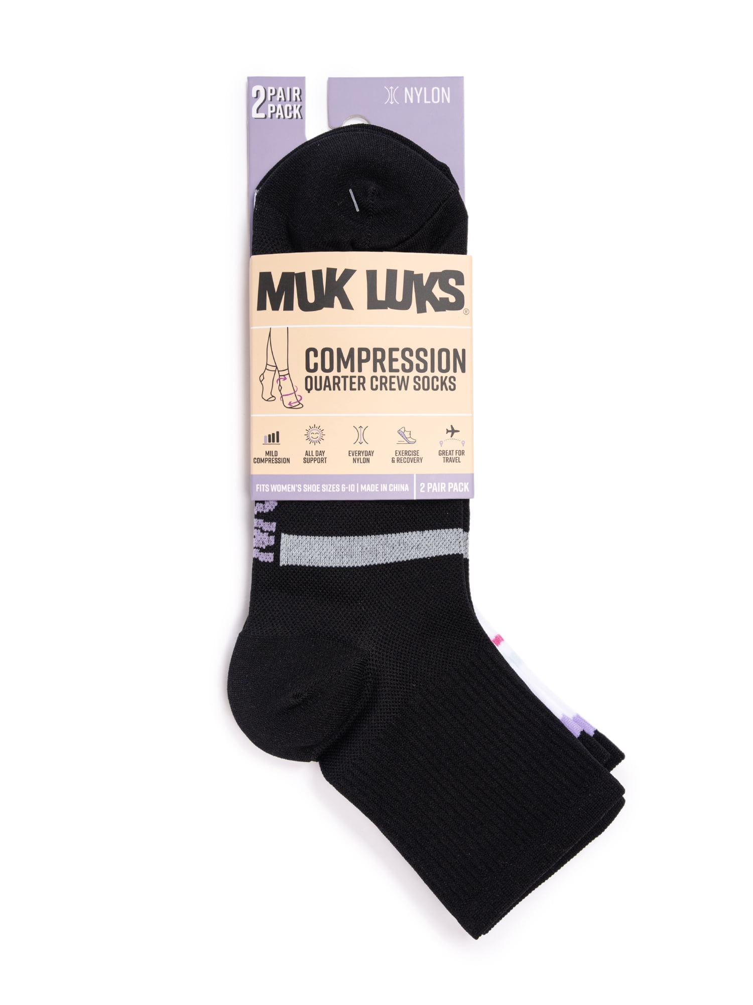 MUK LUKS Women's Nylon Quarter Crew Compression Socks, 2-Pack, Shoe Sizes 6-10