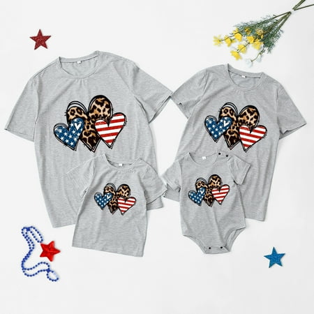 

4th of July Mom Dad Baby Matching Outfits American Flag Tees Shirt Family Outfit - Light Gray Baby Romper 12-18M