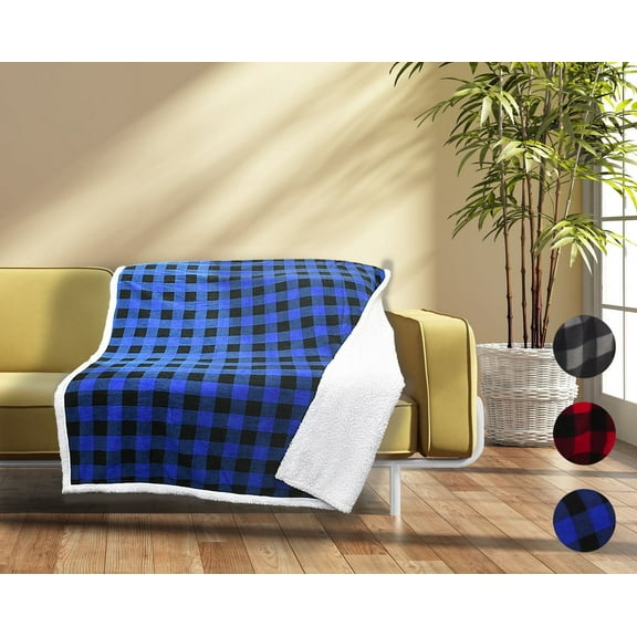 Buffalo Plaid Sherpa Throw TV Blanket, Super Soft Reversible Fleece Blanket for Cabin Bed or Couch, Catalonia series by Terrania, Blue Plaid, 50" x 60"