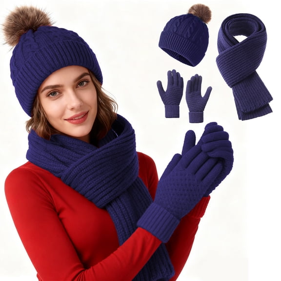 Winter Hat Beanie Long Scarf Gloves Set, 3Pcs Soft Solid Color Knitted Gloves Cap Scarf Set for Women Men (Navy)