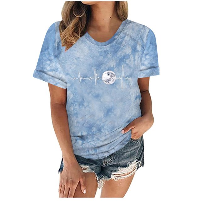 Camiseta con estampado de sol y luna para mujer, camiseta de manga corta con cuello redondo, camiseta informal divertida y bonita para chica adolescente OAVQHLG3B Store lin121212