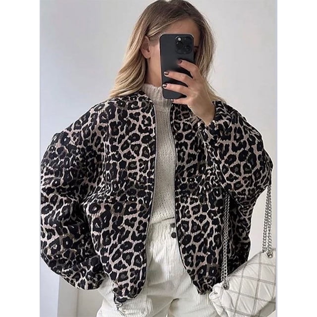 Chaqueta de manga larga con cremallera de leopardo para mujer, abrigo informal de calle con cuello redondo, estilo Retro, moda de otoño, 2024