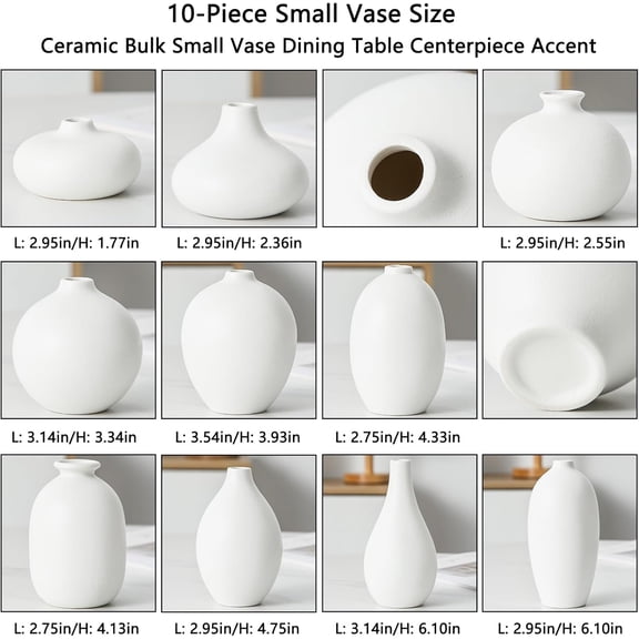 Ceramic Bud Vase Set of 10 - White Mini Flower Vases for Dining Table Centerpieces, Wedding Decor & Aesthetic Desk Arrangements