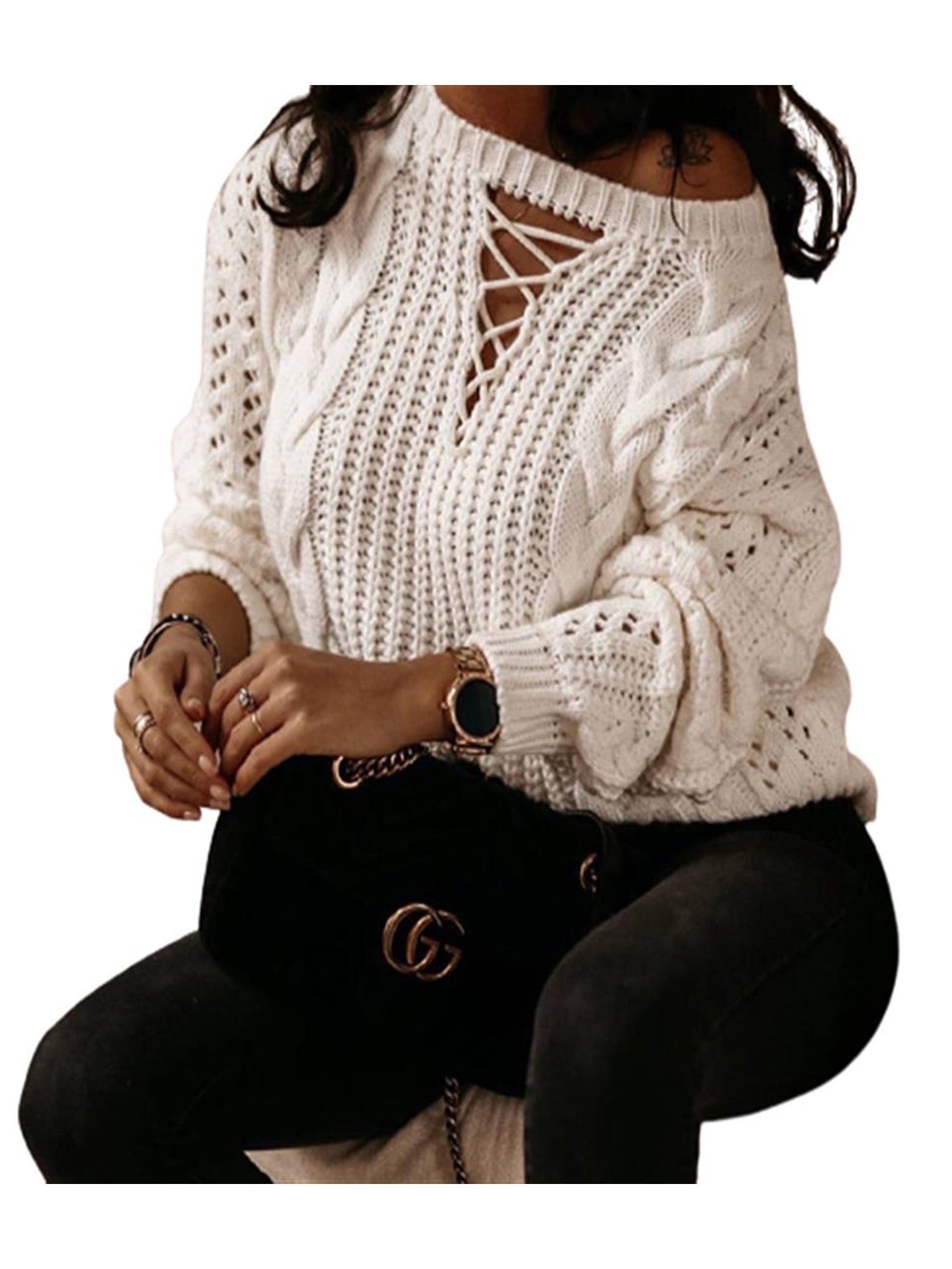 Eleluny Women Solid Baggy Sweater Knitted Jumper Pullover Casual Knitwear Tops Beige One size, Women's