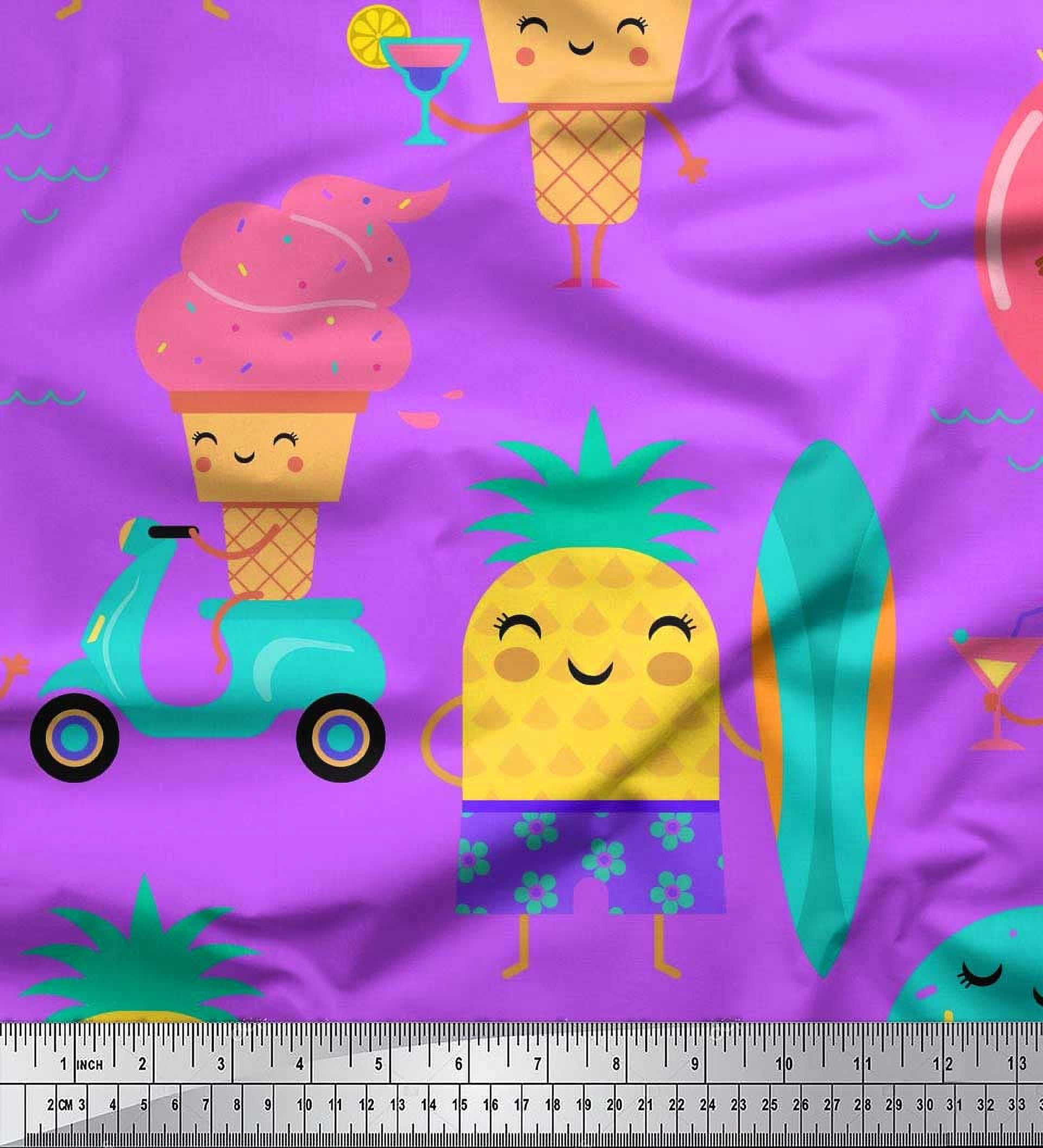Soimoi Purple Satin Silk Fabric Beech & Fun Party Print Fabric by Yard 42 Inch Wide