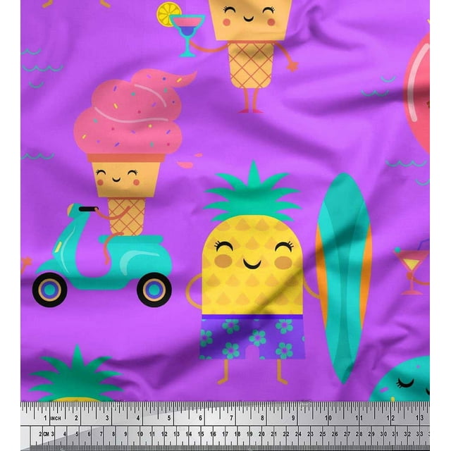 Soimoi Purple Satin Silk Fabric Beech & Fun Party Print Fabric by Yard 42 Inch Wide