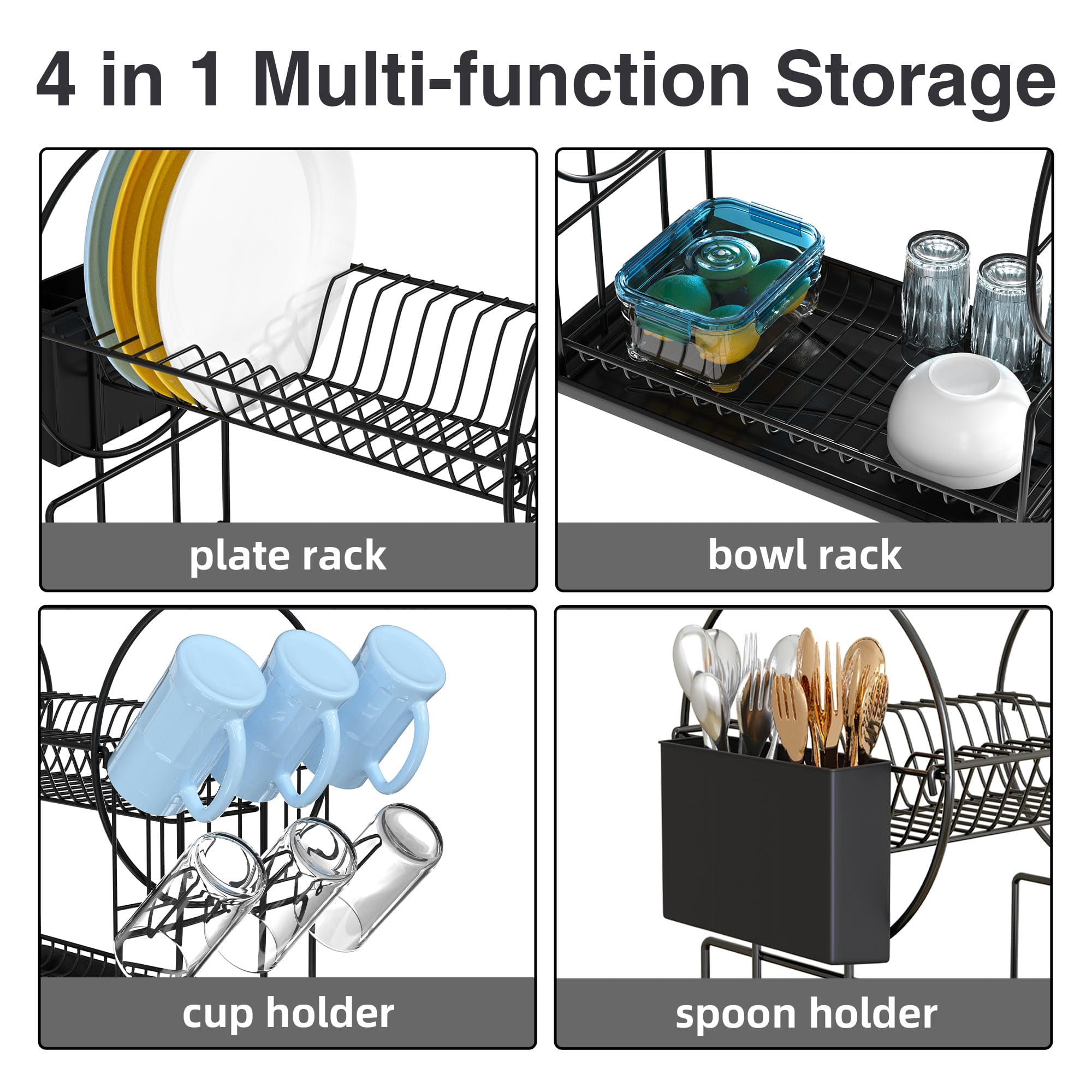 NIFFGAFF Dish Drying Rack, Black 2 Tier Dish Drainer Racks with Tray, Cup Utensil Holder for Kitchen (15*9.3*14.6 in)