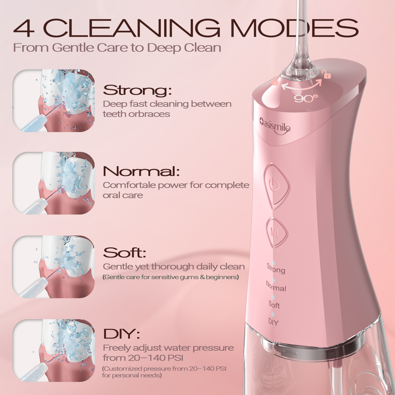 OasiSmile Irrigador Dental para Dientes, Irrigador Oral Portátil Inalámbrico Recargable de 350ml para Hogar, Viajes y Oficina, Rosa 3