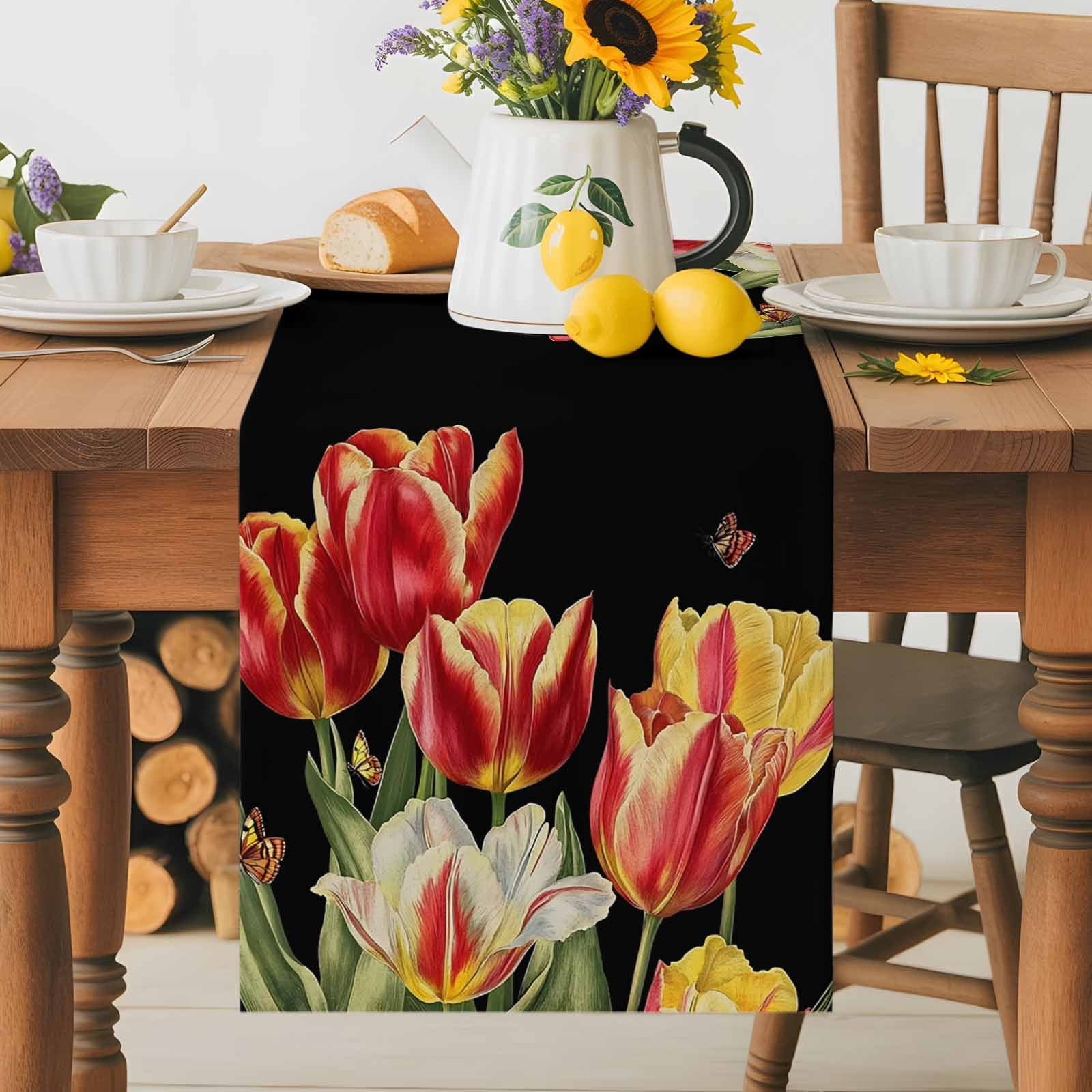 Colorful Tulip Flower on Black Table Runner 90 Inches Long, Watercolor Floral Butterfly Table Runners Tabletop Scarf Kitchen Dining Tables Decoration for Home Party Indoor Outdoor
