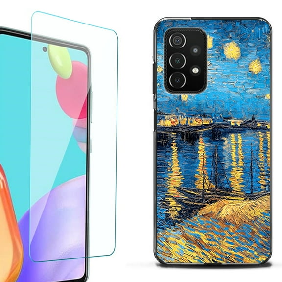 Slim-Fit Flexible TPU Gel Phone Case (black) for Samsung Galaxy A52 5G, with Tempered Glass Screen Protector, by OneToughShield ® - Starry Night Rhone