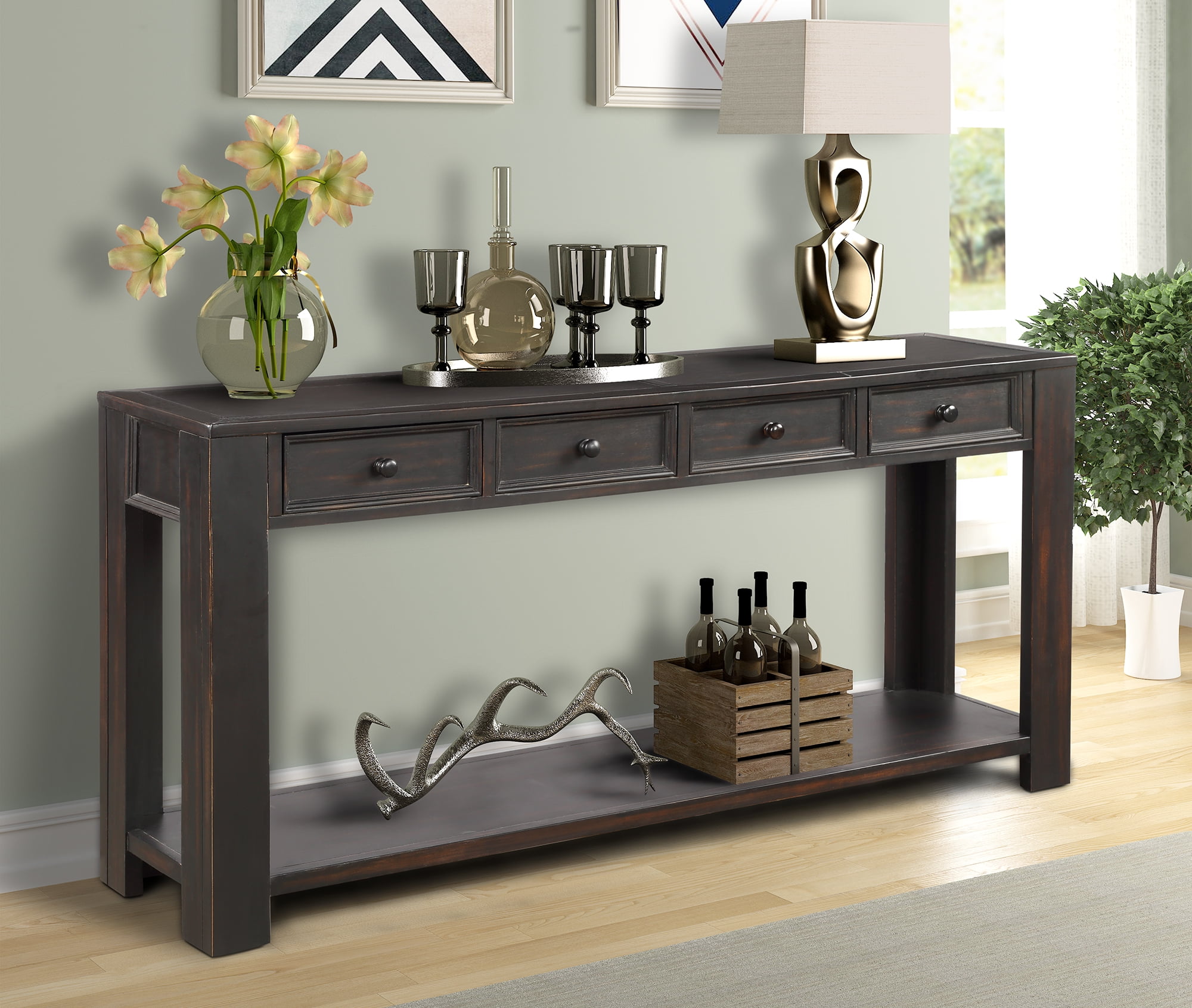 Entryway Table with 4 Storage Drawers, 64"×15"×30" Wood Console Tables