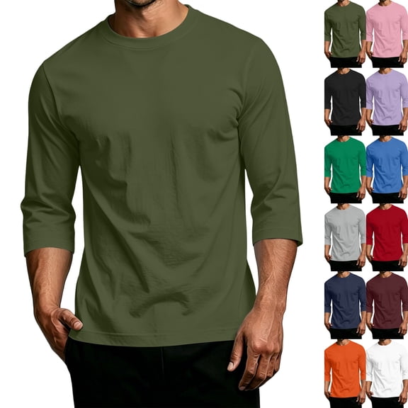 3/4 Sleeve Shirt for Men Solid Color Crew Neck Baseball T-Shirts Casual Loose Fit Three Quarter Sleeve Tees Shirts Army Green S
