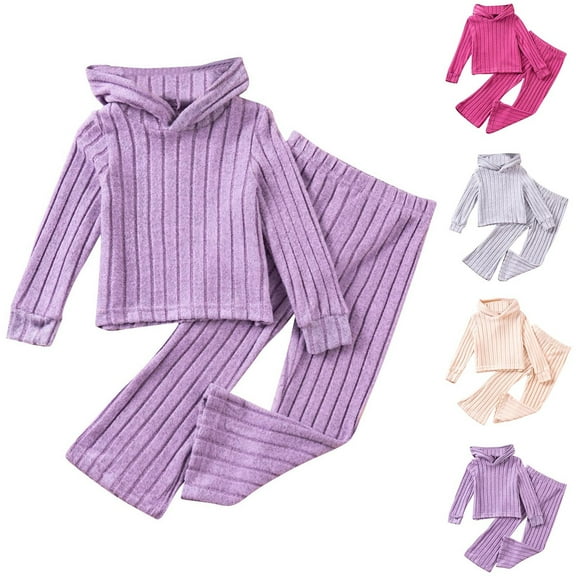 WRKEKC Toddler Girls Winter Outfits 2-Piece Warm Soft Ribbed Knit Solid Color Hooded Long-Sleeve Top and Stretchy Elastic-Waist Pants Casual Cozy Set 1-7 Years