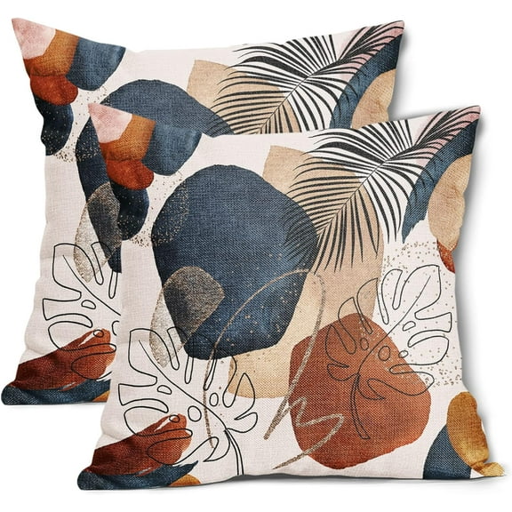 Boho Abstract Mid Century Pillow Covers 18X18 In Set of 2 Bohemian Minimalist Geometric Leaves Throw Pillow Cases Navy Blue Orange Gold Modern Pillow Cover Home Decor For Couch Room Porch Outdoor