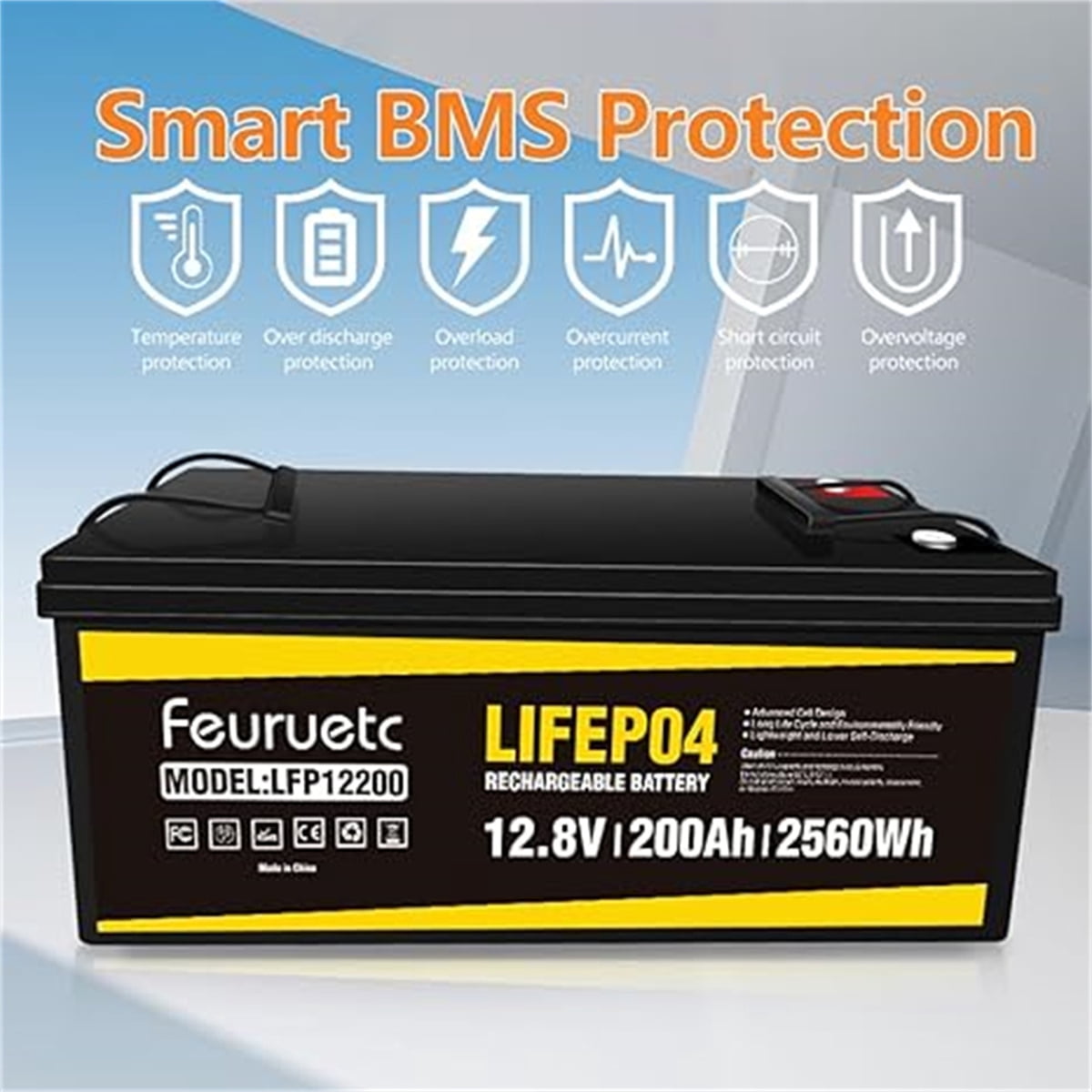 Feuruetc 12V 200Ah LiFePO4 Lithium Battery, Built in 100A BMS,Density Lithium Battery with Up to 15000 deep Cycle, Perfect for Rv, Solar Trolling Motors, Boat, Marine